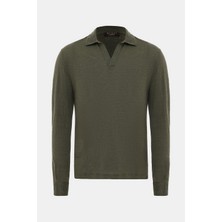 Vakko By Gran Sasso Khaki Polo Collar Long Sleeve Linen T-Shirt