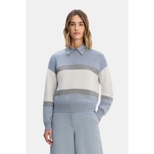 Vakko By Peserıco Blue-Ecru Wool Silk Knit Sweater