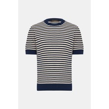Vakko By Gran Sasso Ecru Crew Neck Short Sleeve Linen-Cotton Striped Knit Top
