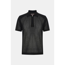 Vakko By Danıele Fıesolı Black Zip Polo Collar Mesh Knit T-Shirt