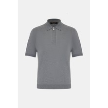 Vakko By Gran Sasso Grey Zip Polo Collar Short Sleeve Silk Knit Top