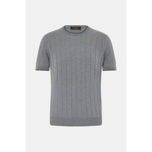 Vakko By Gran Sasso Grey Melange Crew Neck Short Sleeve Silk Knit Top