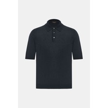 Vakko By Gran Sasso Navy Buttoned Polo Collar Short Sleeve Silk Knit Top