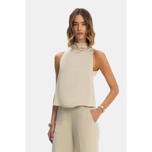 Vakko By Forte Forte Beige Stand Collar Sleeveless Blouse