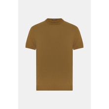 Vakko By Danıele Fıesolı Tan Crew Neck Short Sleeve Cotton Crepe Knit T-Shirt