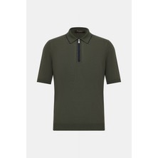 Vakko By Gran Sasso Navy Zip Polo Collar Short Sleeve Silk Knit Sweater