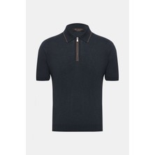 Vakko By Gran Sasso Smoke Grey Zip Polo Collar Short Sleeve Silk Knit Top