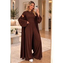 Meride Fashion Kahve Salaş Üçlü Pamuk TAKIM-00190 Kahverengi - M