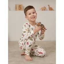 Tuğse Dinozor Desenli Krem Renk Çocuk Uzun Kollu Pamuklu Alt Üst Pijama Takımı