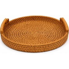 Doğal El Örgüsü Kulplu Rattan Servis Tepsisi ve Sunumluk 25X3 cm