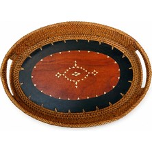 Ahşap Motifli Oval Rattan Servis ve Sunum Tepsisi 35X25 cm