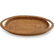 El Yapımı Doğal Rattan Oval Kulplu Dekoratif Sunum Tepsisi 29X18 cm