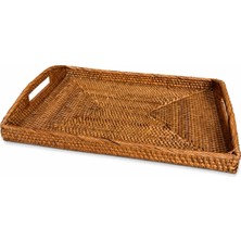 El Yapımı Doğal Rattan Kulplu Dikdörtgen Servis ve Sunum Tepsisi 40X30 cm