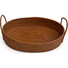 El Örgüsü Doğal Rattan Kulplu Oval Dekoratif Sunum ve Servis Tepsisi 35X25 cm