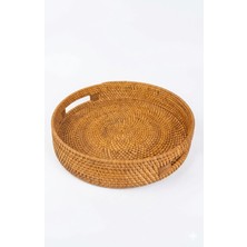 El Yapımı Doğal Rattan Yuvarlak Servis ve Sunum Tepsisi 37 cm