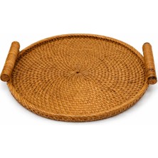 Doğal El Örgüsü Kulplu Rattan Servis Tepsisi ve Sunumluk 30X2 cm