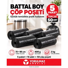 Yorulmaz Ambalaj 🗑️ Battal Boy Çöp Poşeti 72X95 cm – 📦 5 Paket, Toplam 50 Adet – Her Paket 400 Gr, Toplam 2 kg – 🏠 Ev, Ofis, Kafe ve Restoranlar Için