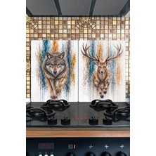 Reflexa Ocak Arkası Cam Koruyucu – Kurt / Geyik Desen Isıya Dayanıklı Dekoratif Cam Panel 40 x 30 cm * 2 Adet