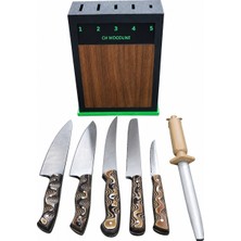 Ch Woodline 4116 Alman Çeliği 5’li Şef Bıçak Seti, Ceviz Ön Yüzlü Stand ve 22 cm Masat