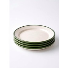 Merfi Store Emaye Servis Tabağı Seti - 25 cm Krem Renkli Yeşil Kenarlı Yemek Tabağı Takımı - Retro Nosta