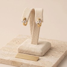 Stainless Steel Vıp Seri 316L Çelik Gold Renk Çift Zirkon Taşlı Kıvrımlı Halka Küpe 1,5 cm