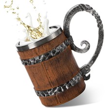 Merfi Store 540 ml Ahşap Fıçı Bira Bardağı, Çift Cidarlı Paslanmaz Çelik, Vintage Bira Bardağı, El Ya