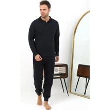 Çamaşır Kenti Erkek Polo Yaka Uzun Kol Penye Pijama Takımı Lacivert