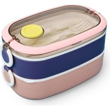 Bento 1300ML Lunchbox 2 Katlı 3 Bölmeli Paslanmaz Çelik Sefer Tası Yemek Kutusu (Pembe-Mor)