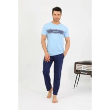 Çamaşır Kenti Erkek Pamuk Kısa Kol Pijama Takım Mavi