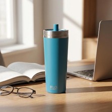 Gri Paslanmaz Çelik Pipetli Termos Kupa - 660 ml Büyük Boy (Venti) - Sıcak ve Soğuk Tutan Mug - Araç ve Ofis Tipi Bardak (Mavi)