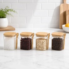 ml Kaşıklı Cam Kavanoz 4’lü Set, Bambu Kapaklı Şeffaf Cam Saklama Kabı, Çay Kahve Şeker Baharat Kuruyemiş Kavanozu, Mutfak Düzenleyici Kaşıklı Baharatlık Seti