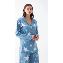 Çamaşır Kenti Kadın Mavi Yıldız Desenli Düğmeli Pamuklu Pijama Takımı