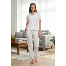 Çamaşır Kenti Özel Tasarım Kadın Beyaz Polo Yaka Pijama Takımı %100 Pamuk