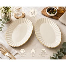 1001 Oval Porselen Tabak Seti, Altın Kenarlı, Krem Rengi, 2'li Salata Meze Tabağı Sofra Şık Sunum S