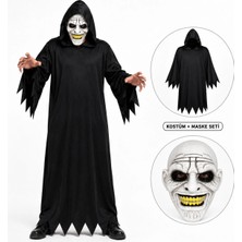Magicool Korkunç Gülümseyen Maskeli Siyah Kapüşonlu Kostüm Seti 140 cm