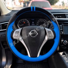 Hasakman Nissan X-Trail T32 Dikme Direksiyon Kılıfı Parlak Siyah Mavi Detaylı Mavi Çift Yüzük ve Dikiş 2014-2017