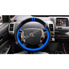 Hasakman Toyota Prius XW20 Dikme Direksiyon Kılıfı Parlak Siyah Mavi Detaylı Mavi Çift Yüzük ve Dikiş 2003-2009