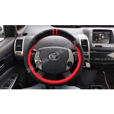 Hasakman Toyota Prius XW20 Dikme Direksiyon Kılıfı Parlak Siyah Kırmızı Detaylı Kırmızı Çift Yüzük ve Dikiş 2003-2009