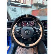 Hasakman Skoda Scala Dikme Direksiyon Kılıfı Parlak Siyah Bej Detaylı Bej Çift Yüzük ve Dikiş 2019-2024