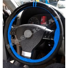 Hasakman Vw Jetta 5 Dikme Direksiyon Kılıfı Parlak Siyah Mavi Detaylı Mavi Çift Yüzük ve Dikiş 2005-2010
