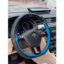 Hasakman Vw T-Cross Dikme Direksiyon Kılıfı Parlak Siyah Mavi Detaylı Mavi Çift Yüzük ve Dikiş 2019-2021