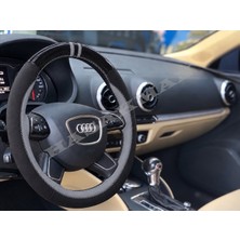 Hasakman Audi A5 8t Dikme Direksiyon Kılıfı Parlak Siyah Gri Detaylı Gri Çift Yüzük ve Dikiş 2012-2016