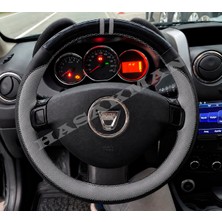 Hasakman Dacia Lodgy Dikme Direksiyon Kılıfı Parlak Siyah Gri Detaylı Gri Çift Yüzük ve Dikiş 2012-2016