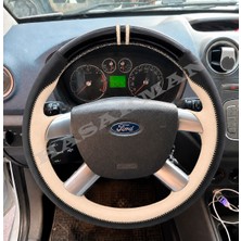 Hasakman Ford Connect Dikme Direksiyon Kılıfı Parlak Siyah Bej Detaylı Bej Çift Yüzük ve Dikiş 2006-2013