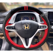Hasakman Honda Civic Fd6 Dikme Direksiyon Kılıfı Parlak Siyah Kırmızı Detaylı Kırmızı Çift Yüzük ve Dikiş 2006-2012