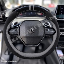 Hasakman Peugeot Rifter Dikme Direksiyon Kılıfı Parlak Siyah Gri Detaylı Gri Çift Yüzük ve Dikiş 2021-2024