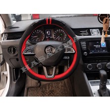 Hasakman Skoda Superb Mk3 Dikme Direksiyon Kılıfı Parlak Siyah Kırmızı Detaylı Kırmızı Çift Yüzük ve Dikiş 2015-2020