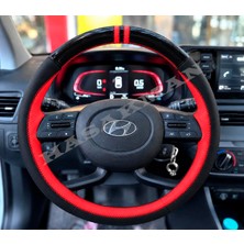 Hasakman Hyundai I20 Dikme Direksiyon Kılıfı Parlak Siyah Kırmızı Detaylı Kırmızı Çift Yüzük ve Dikiş 2020-2026