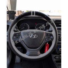 Hasakman Hyundai I20 Dikme Direksiyon Kılıfı Parlak Siyah Gri Detaylı Gri Çift Yüzük ve Dikiş 2014-2020