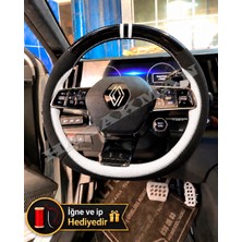 Hasakman Renault Megane E-Tech Dikme Direksiyon Kılıfı Parlak Siyah Beyaz Detaylı Beyaz Çift Yüzük ve Dikiş 2022-2026